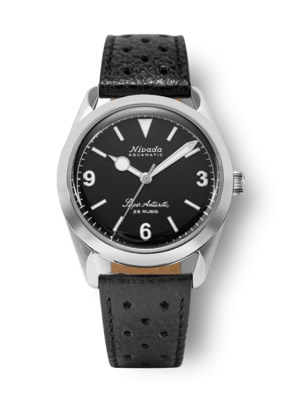 Stříbrné pánské hodinky Nivada Grenchen s koženým páskem Super Antarctic 3.6.9 Black No Vintage Effect 32039A10 38MM Automatic