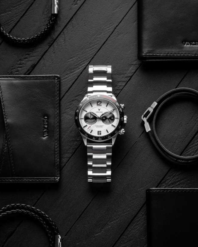 Men's silver watch Vincero with steel strap The Apex Silver/Black 42MM