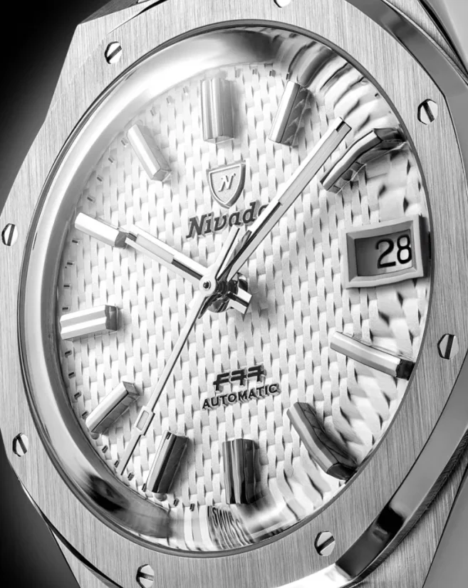 Men's silver Nivada Grenchen watch with steel strap 77 SST WHITE MK2 69014A77 With Date 38MM Automatic
