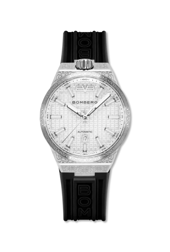 Silberne Herrenuhr Bomberg Watches mit Gummiband DIAMOND WHITE 43MM Automatic