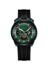Schwarze Herrenuhr Bomberg Watches mit Gummiband PIRATE SKULL GREEN 45MM