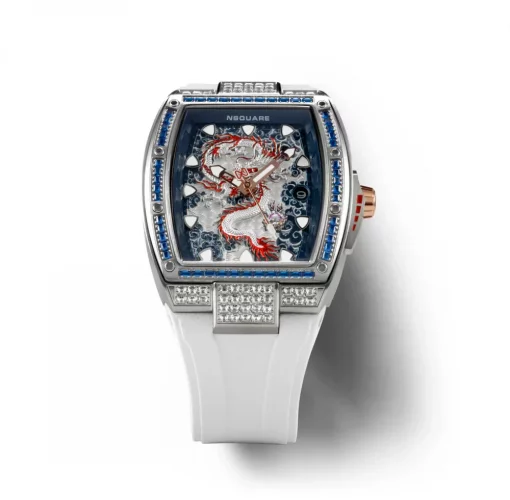 Stříbrné pánské hodinky Nsquare s gumovým páskem Dragon Overloed Silver / White 44MM Automatic