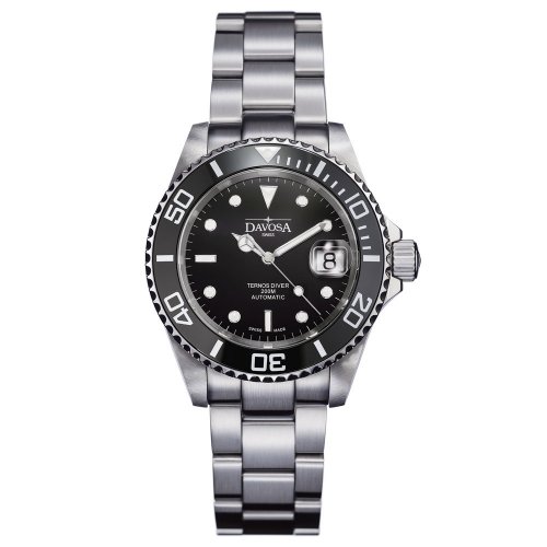 Męski srebrny zegarek Davosa ze stalowym paskiem Ternos Ceramic - Silver/Black 40MM Automatic