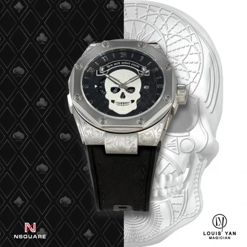 Męski srebrny zegarek Nsquare ze skórzanym paskiem SnakeQueen Silver / Blue 46MM Automatic-KOPIE