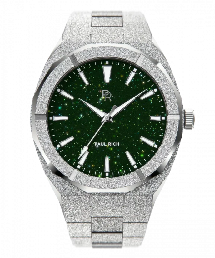 Men's silver Paul Rich watch with steel strap Frosted Star Dust - Silver Green 45MM