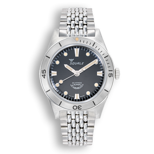 Relógio Squale prata para homens com pulseira de aço Super-Squale Sunray Black Bracelet - Silver 38MM Automatic