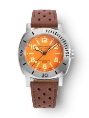 Men's silver Nivada Grenchen watch with leather strap Orange Depthmaster 14127A23 39MM Automatic