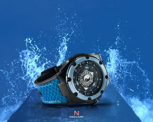 Czarny zegarek męski Nsquare ze gumowym paskiem FIVE ELEMENTS Black / Blue 46MM Automatic