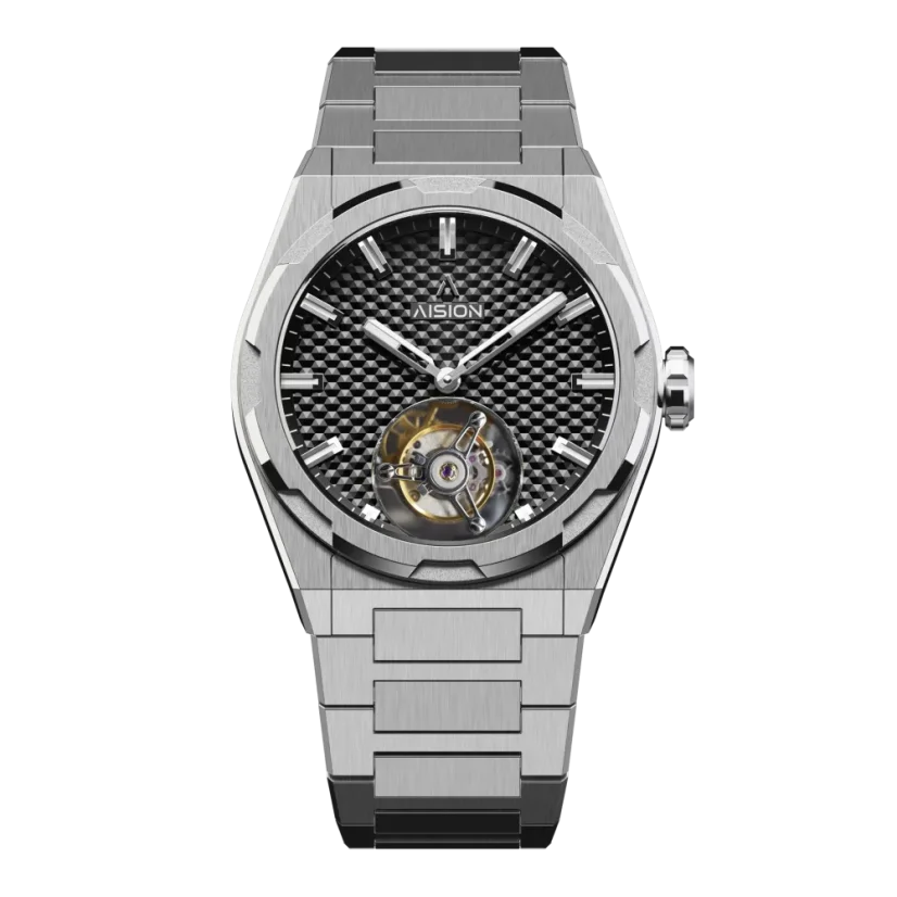 Men's silver Aisiondesign Watches with steel Tourbillon Hexagonal Pyramid Seamless Dial - Black 41MM