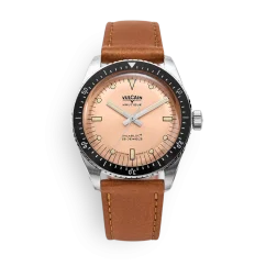 Men's silver Vulcain watch with leather strap Skindiver Nautique - Brown - BROWN PLAIN 44,5MM Automatic