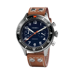 Stříbrné pánské hodinky Hemel s páskem z pravé kůže The Hemel HFT20 / VK64 configuration / Navy Dial GMT 42 MM