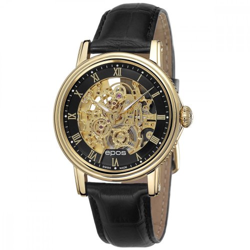 Zlaté pánske hodinky Epos s koženým opaskom Emotion 3390.156.22.25.25 41MM Automatic