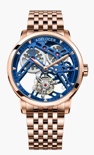 Zlaté pánske hodinky Agelocer Watches s ocelovým pásikom Tourbillon Series Gold / Blue 40MM