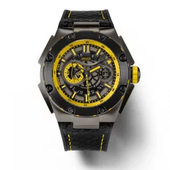 Černé pánské hodinky Nsquare s koženým páskem SnakeQueen Gray / Yellow 46MM Automatic