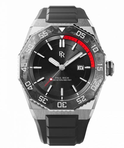 Zilverkleurig herenhorloge van Paul Rich met een rubberen band Aquacarbon Pro Midnight Silver - Sunray 43MM Automatic