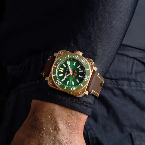 Zlaté pánske hodinky Aquatico Watches s koženým pásikom Charger Bronze Green Dial Automatic 43MM