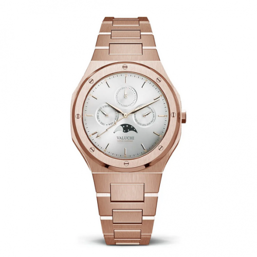 Złoty męski zegarek Valuchi Watches ze stalowym paskiem Lunar Calendar - Rose Gold White 40MM