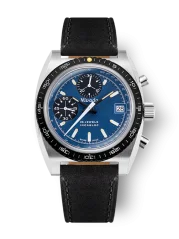 Men's silver Nivada Grenchen watch with leather strap CHRONOSPORT Blue 77003A17 38MM Automatic