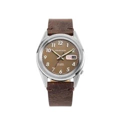 Męski srebrny zegarek Praesidus ze skórzanym paskiem Rec Spec - Khaki Brown Leather 38MM Automatic