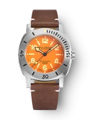 Men's silver Nivada Grenchen watch with leather strap Orange Depthmaster 14127A14 39MM Automatic