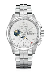 Męski srebrny zegarek Delma Watches ze stalowym paskiem Klondike Moonphase Silver / White 44MM Automatic