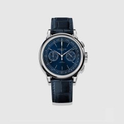 Men's silver Corniche watch with leather strap Chronograph Steel with Blue dial 39MM