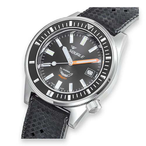 Męski srebrny zegarek Squale dia z gumowym paskiem Matic Grey Rubber - Silver 44MM Automatic
