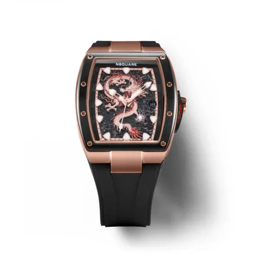 Čierne pánske hodinky Nsquare s gumovým opaskom Dragon Overloed Gold / Black 44MM Automatic
