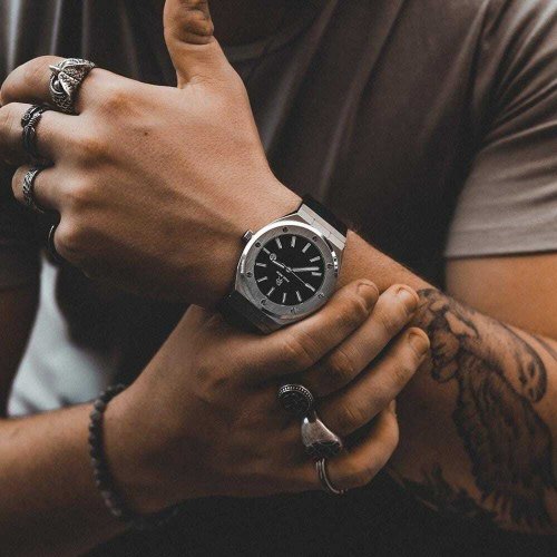 Srebrny męski zegarek Paul Rich z prawdziwym skórzanym paskiem Carbon  - Leather 45MM