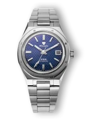 Men's silver Nivada Grenchen watch with steel strap F77 Blue Date 68001A77 37MM Automatic