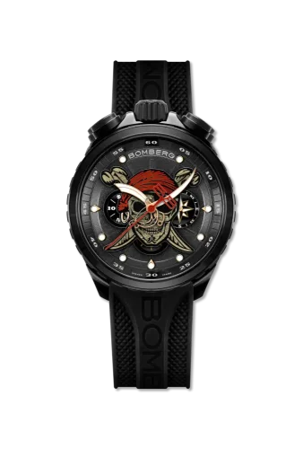 Czarny męski zegarek Bomberg Watches z gumowym paskiem PIRATE SKULL RED 45MM