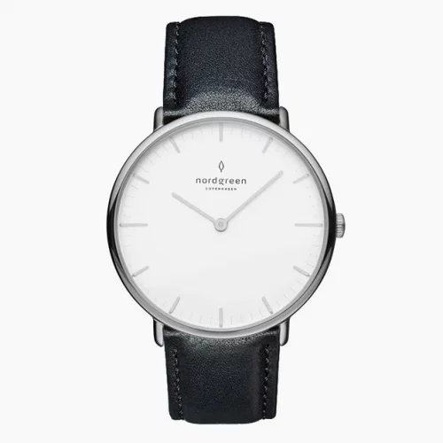 Men's silver Nordgreen watch with leather strap Native White Dial - Black Leather / Silver 40MM