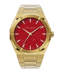 Zlaté pánské hodinky Paul Rich s ocelovým páskem Star Dust II - Gold / Red 43MM