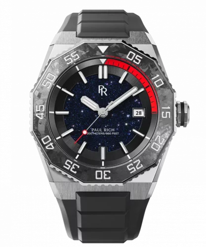 Relógio Paul Rich prata para homens com pulseira de borracha Aquacarbon Pro Midnight Silver - Aventurine  43MM