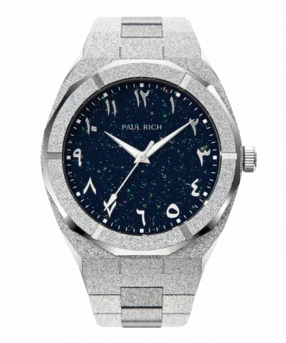 Reloj Paul Rich plateado para hombre con correa de acero Frosted Star Dust Arabic Edition - Silver Oasis 45MM