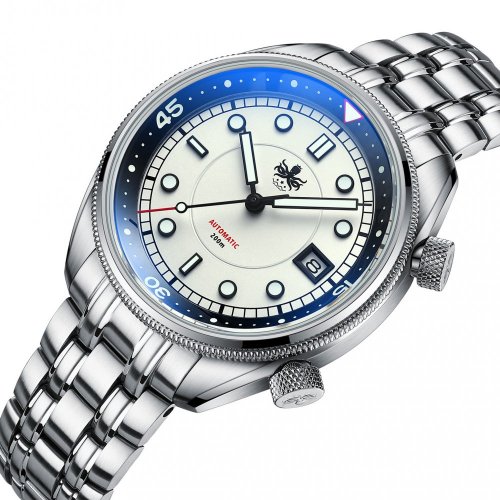 Męski srebrny zegarek Phoibos Watches ze stalowym paskiem Eage Ray 200M - Pastel White Automatic 41MM