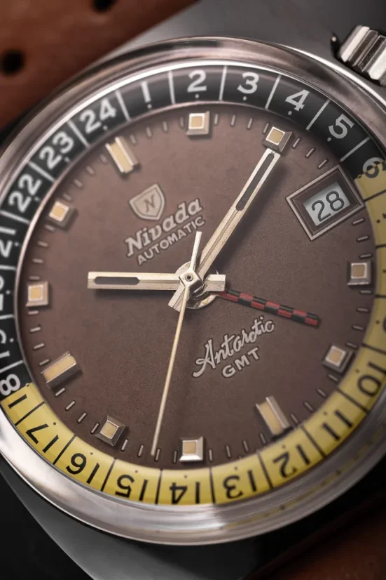 Men's silver Nivada Grenchen watch with leather strap Antarctic GMT - Tropical 32061A17 36MM Automatic