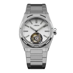 Men's silver Aisiondesign Watch with steel strap Tourbillon Hexagonal Pyramid Seamless Dial - White 41MM