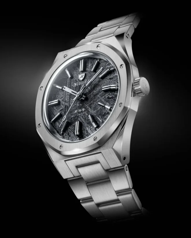 Men's silver Nivada Grenchen watch with steel strap F77 STAINLESS STEEL METEORITE 69041A77C With Date 41MM Automatic