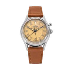 Men's silver Vulcain watch with leather strap Cricket Classique Brown Plain Steel Case Back - Khaki Brown 39MM Automatic