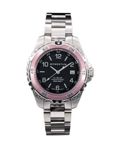 Męski srebrny zegarek Momentum Watches ze stalowym paskiem Splash Black / Pink 38MM