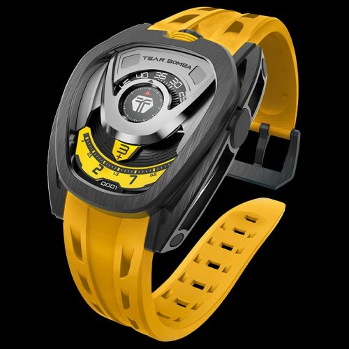 Men's black Tsar Bomba Watch with a rubber band TB8213 - Black / Yellow Automatic 44MM