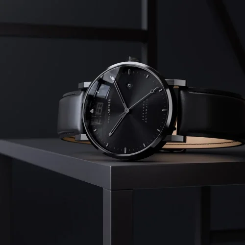 Reloj Henryarcher Watches plata para hombre con correa de cuero Sekvens - Mørk Nero 40MM Automatic