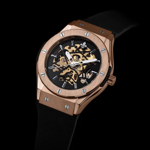 Złoty zegarek męski Ralph Christian z gumką Prague Skeleton Deluxe - Rose Gold Automatic 44M