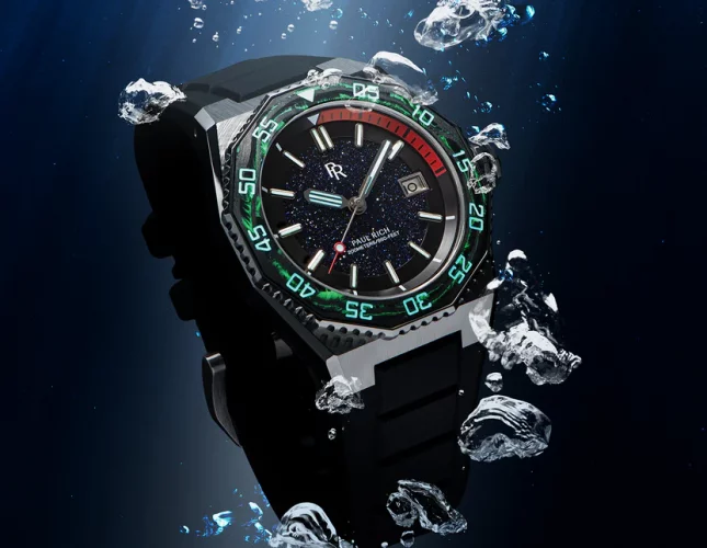 Strieborné pánske hodinky Paul Rich s gumovým pásikom Aquacarbon Pro Horizon Blue - Aventurine 43MM