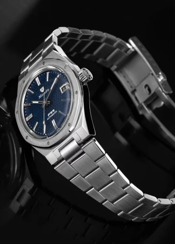 Relógio Nivada Grenchen prata para homem com bracelete em aço F77 Blue Date 68001A77 37MM Automatic
