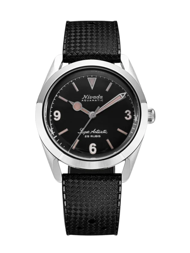 Stříbrné pánské hodinky Nivada Grenchen s gumovým páskem Super Antarctic 3.6.9 Black 32032A01 38MM Automatic
