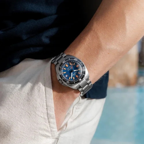 Strieborné pánske hodinky Delma Watches s ocelovým pásikom Shell Star Titanium Silver / Blue 41MM Automatic