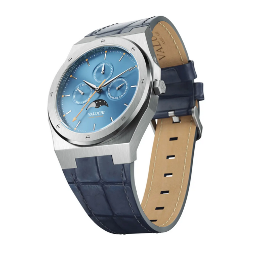 Relógio Valuchi Watches prata para homem com pulseira de couro Lunar Calendar - Silver Blue Leather 40MM