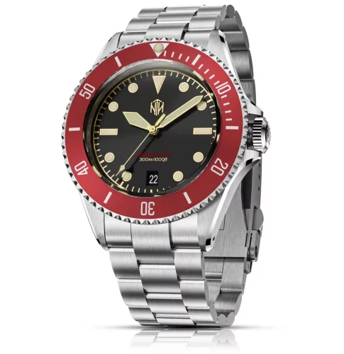 Montre NTH Watches pour homme en argent avec bracelet en acier Barracuda Vintage Legends Series No Date - Red Automatic 40MM